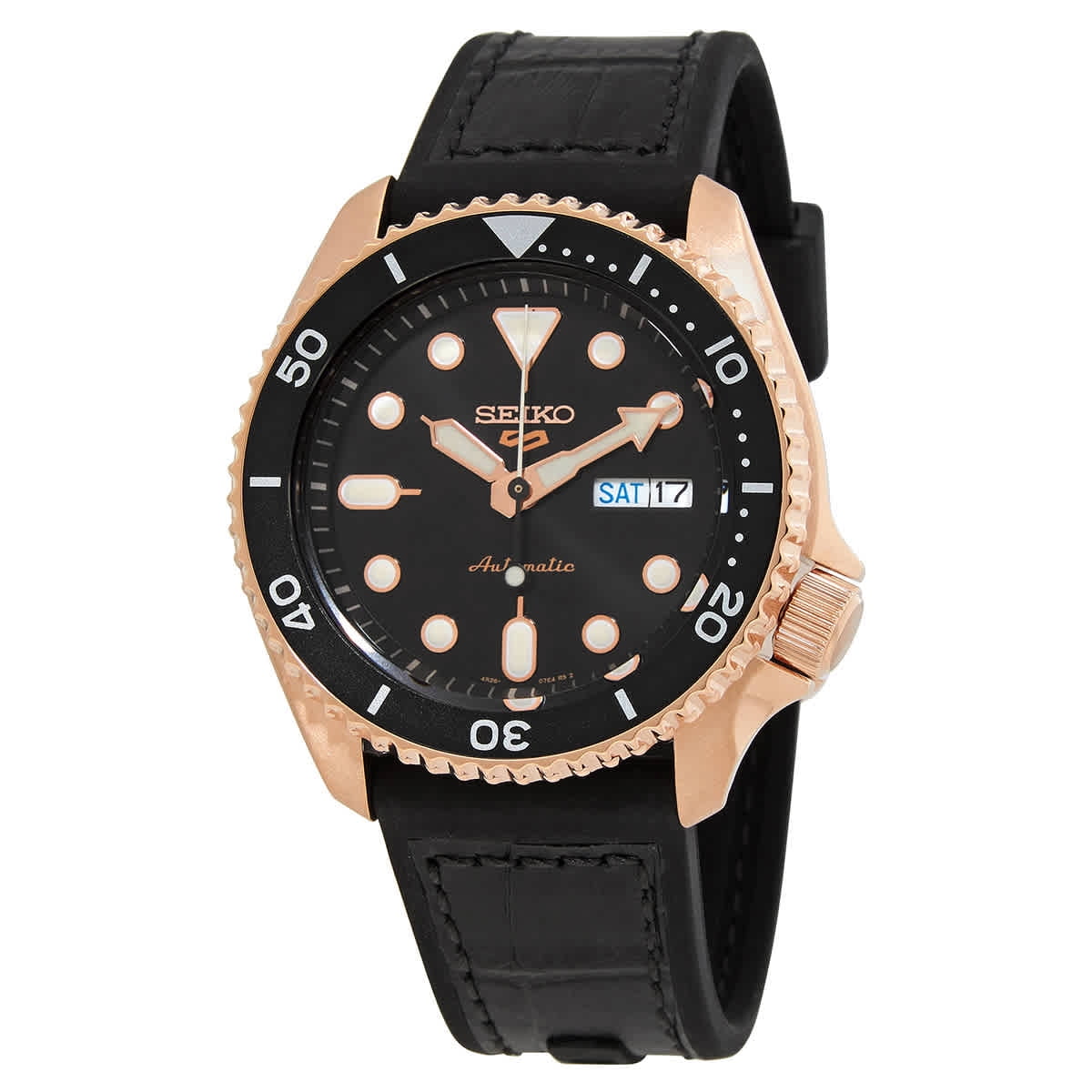 Seiko 5 Sports Men s Watch SRPD76K1 Automatic Rose Gold Tone Black Silicone Band 100m Water Resistance Walmart