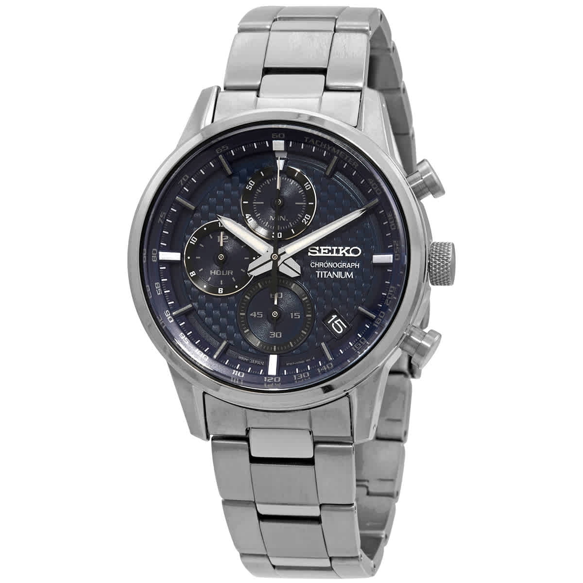 Seiko Chronograph Quartz Titanium Men\'s Grey Blue Dial SSB387 Watch
