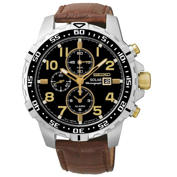 Seiko Men's SSC309 Core Solar Black Dial Brown Leather Strap Chronograph Alarm Watch