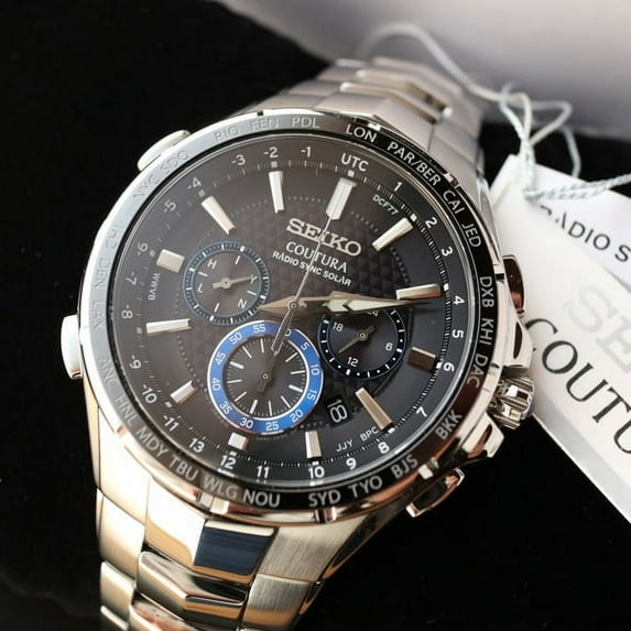 Seiko Men's SSG009 Coutura Radio Sync Solar Black Dial Steel Bracelet Chronograph World time Watch