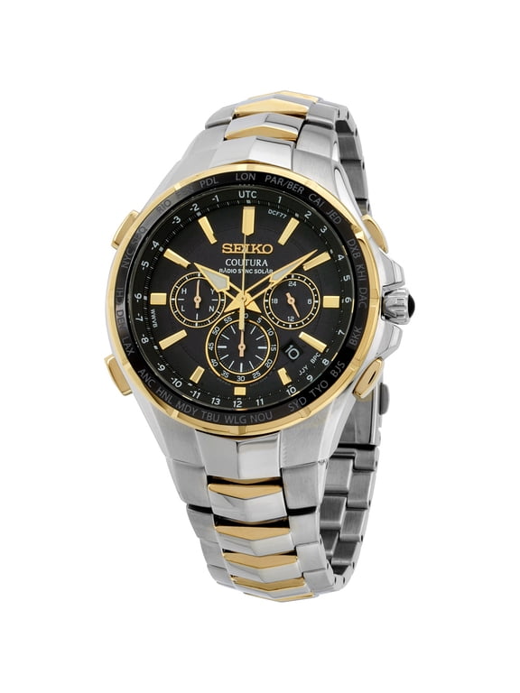 Men's SSG010 Coutura Radio Sync Solar Black Dial Two Tone Steel Chronograph World time Watch