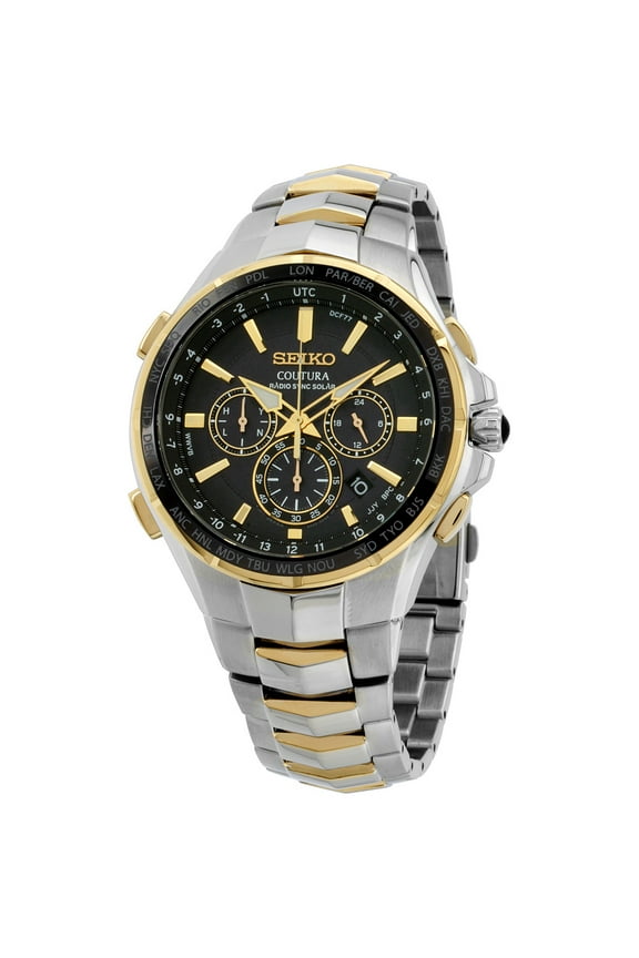 Men's SSG010 Coutura Radio Sync Solar Black Dial Two Tone Steel Chronograph World time Watch