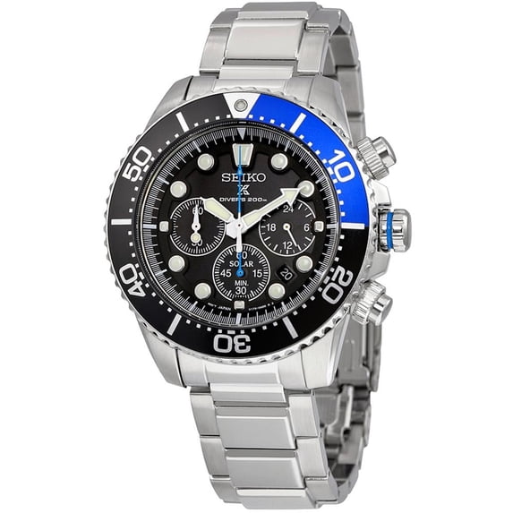 Seiko Men's Solar Diver Chronograph Stainless Watch - Silver Bracelet - Multicolor Dial - SSC017