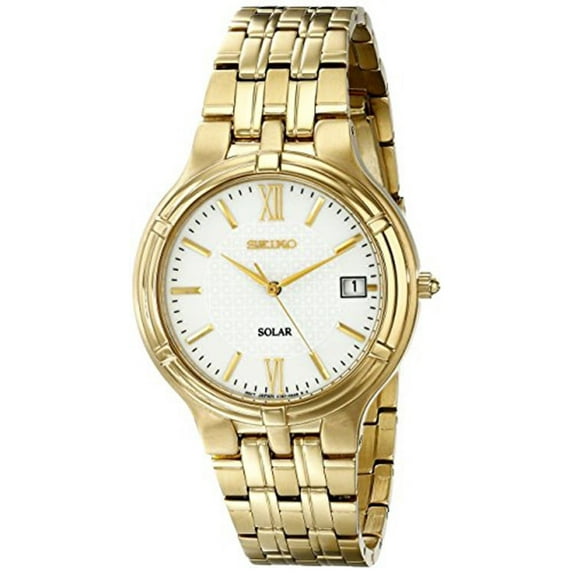 Seiko Men's Solar Gold Stainless Steel White Dial Date Display Watch SNE030