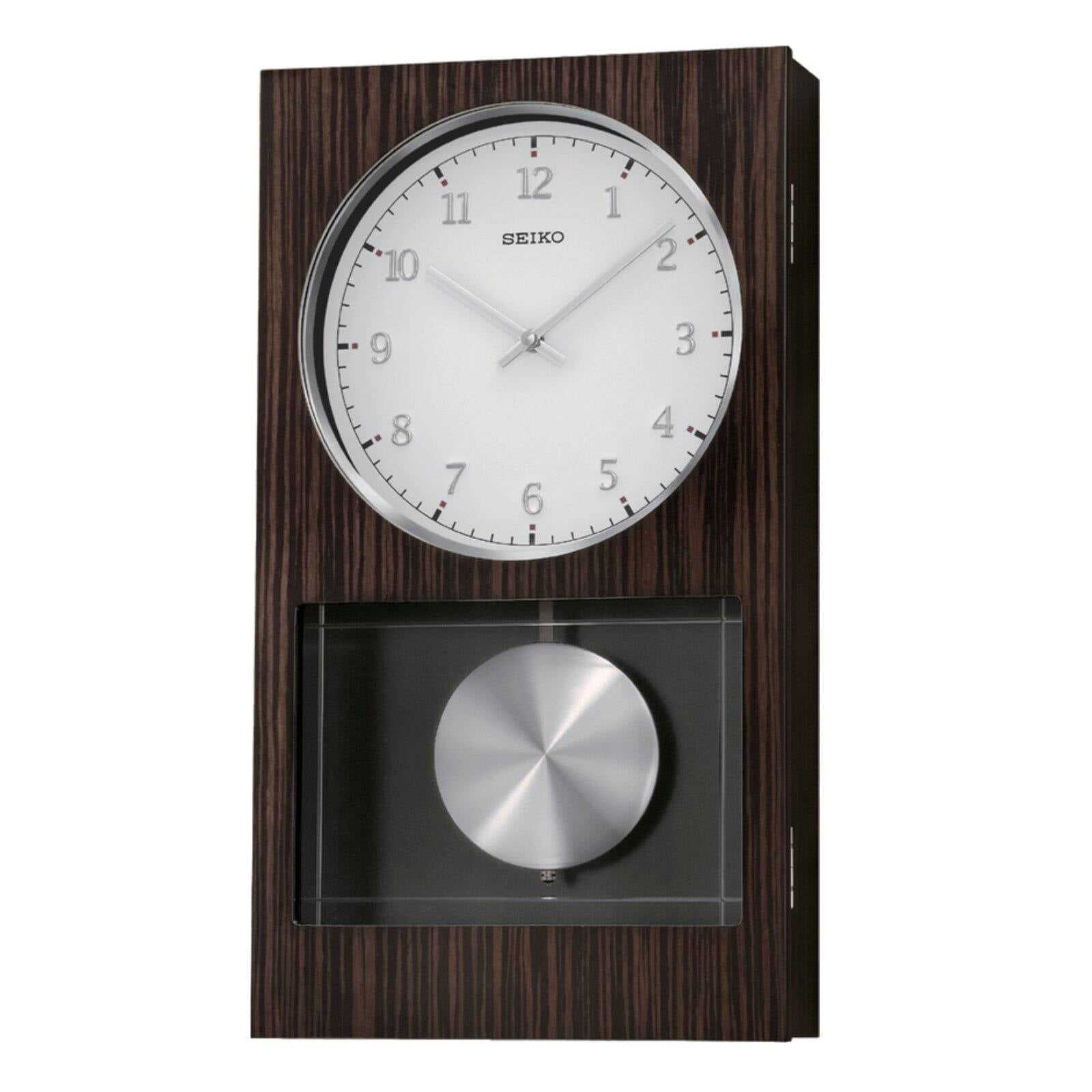 Seiko Modern Dark Brown Modern Wooden Wall Clock w/ Pendulum and Dual Chimes Rectangle Quartz