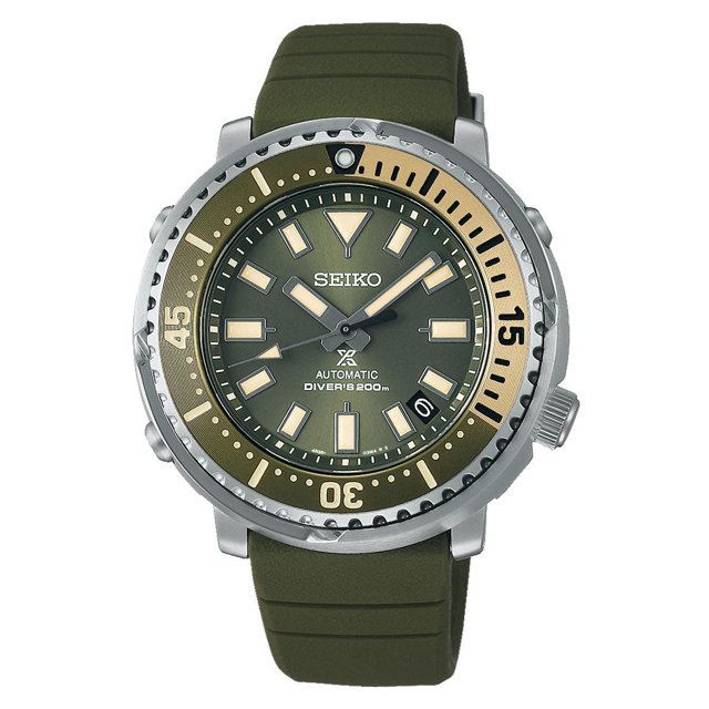 Seiko Prospex Automatic Stainless Steel Green Dial Green Silicone Strap Date Divers Mens Watch