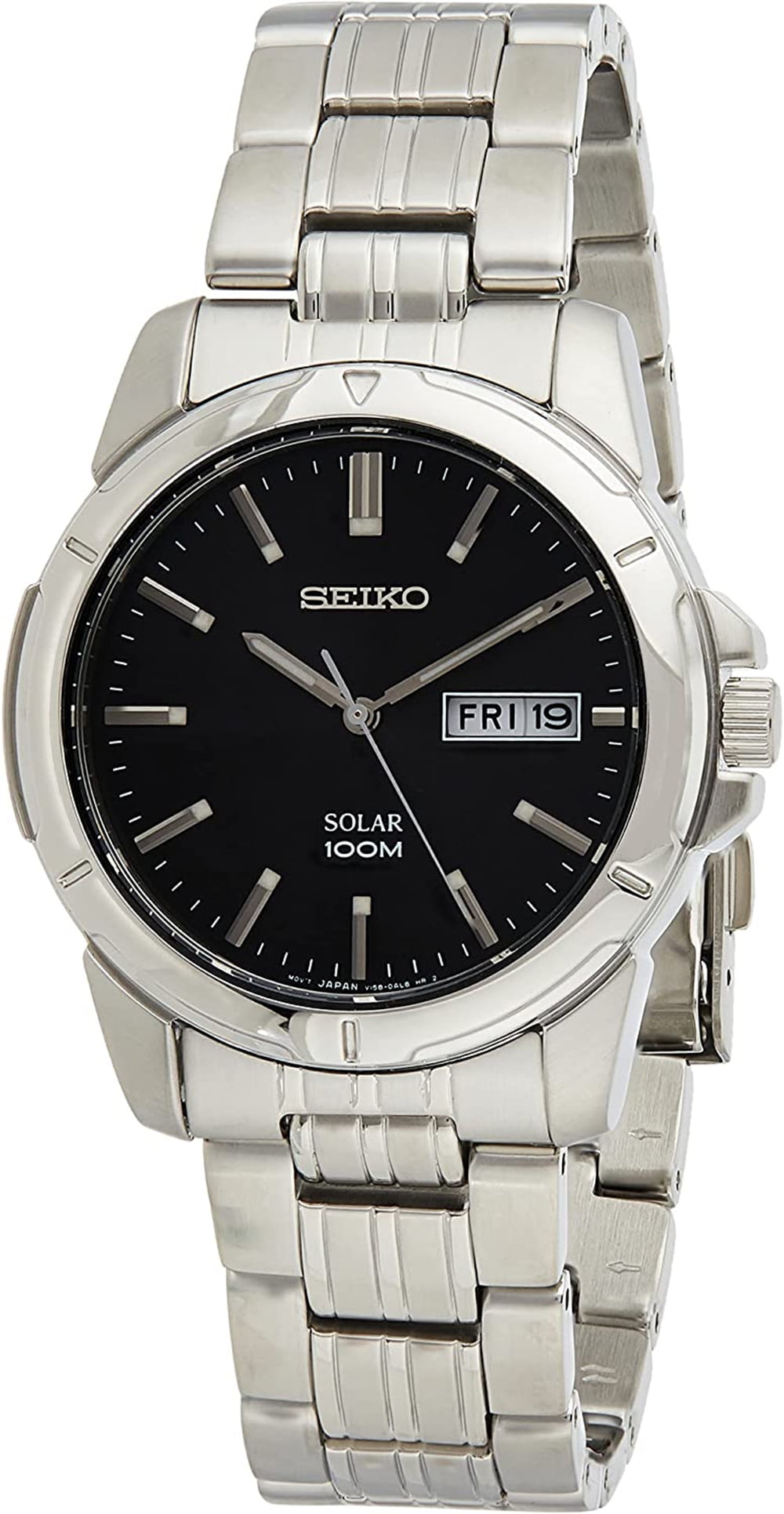 Seiko SNE093 Solar Powered Men s Watch Stainless Steel Black Dial Luminous Silver Tone Hands Water Resistant 330ft Walmart