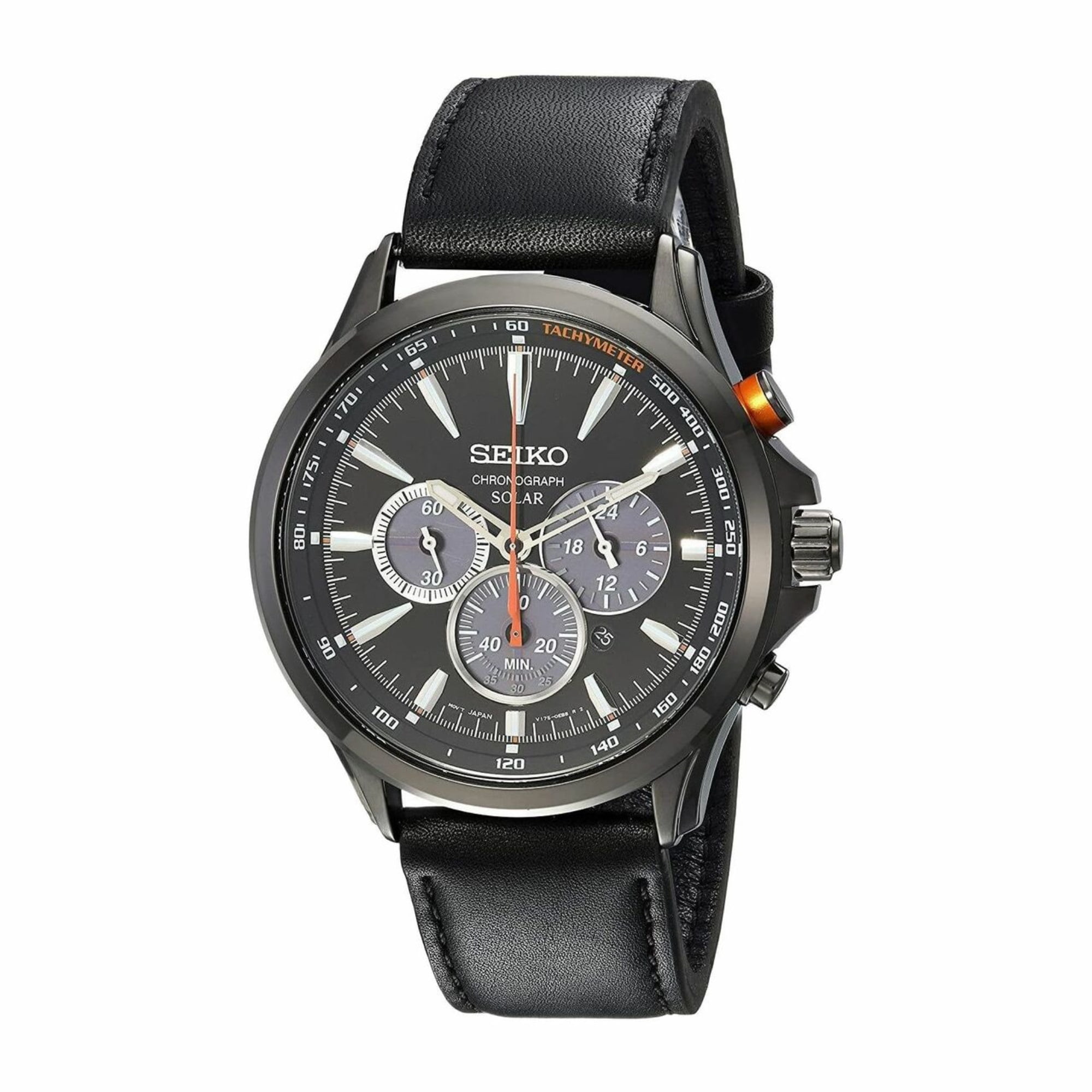 Seiko SSC639 Solar Black Dial Men s Black Leather Chronograph Tachymeter Watch Walmart