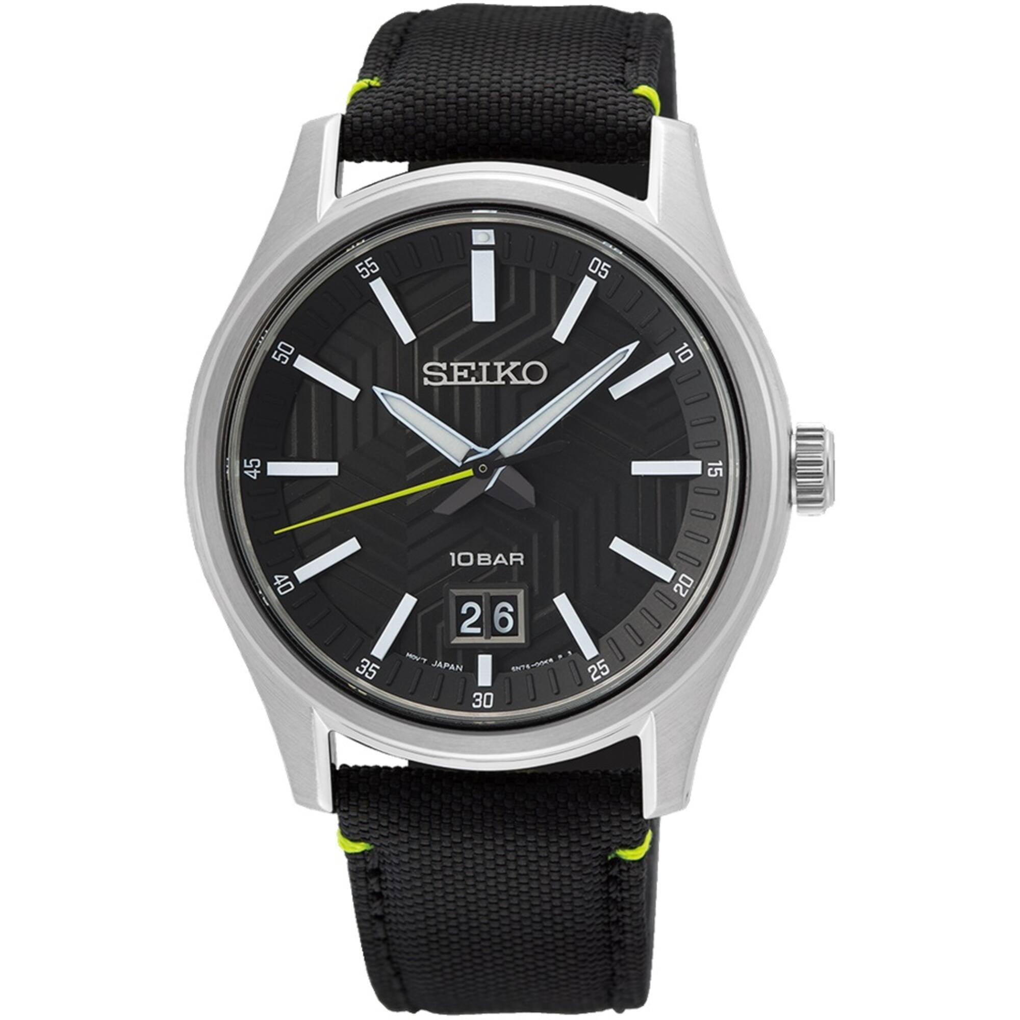 Seiko SUR517 Men's Essentials Black Nylon/Leather Strap Watch