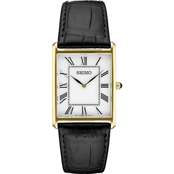 Seiko SWR052P1 Men's Essentials Yellow Gold Case Black Strap Watch