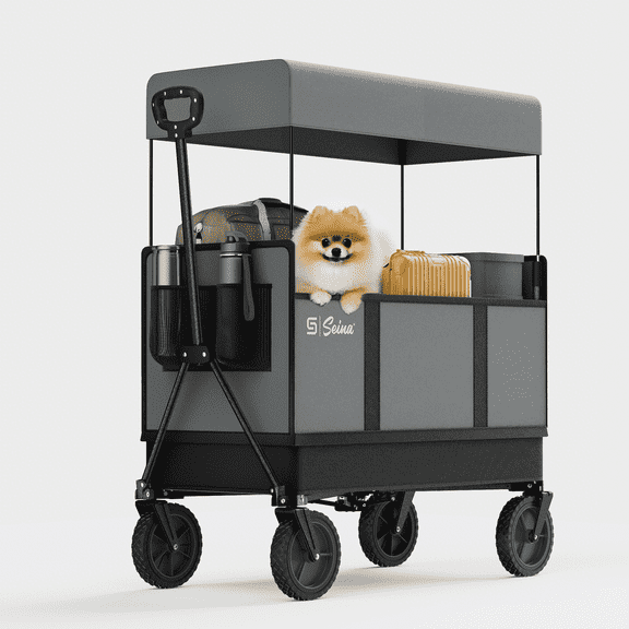 Seina Omni Collapsible Wagon with Canopy, Large Heavy Duty Portable Utility Folding Wagon Cart with Side-Access Door, 6 cubic feet storage space, 300 lbs weight capacity