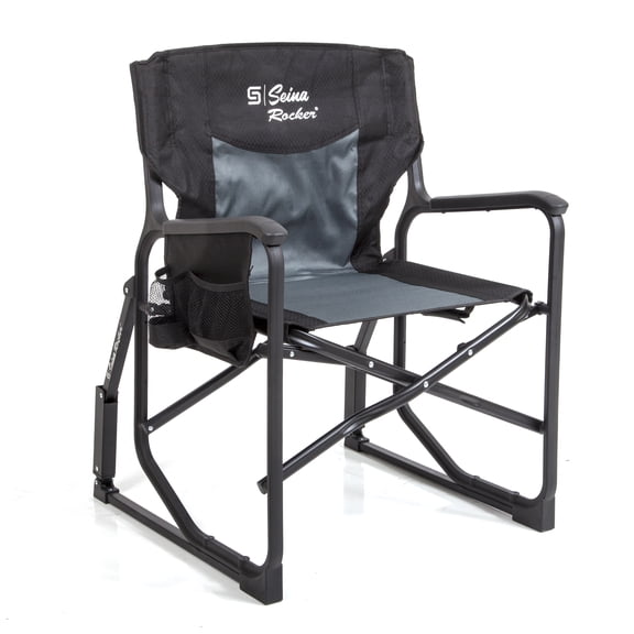 Seina Rocker, Outdoor Foldable Rocking Chair with Hard Armrests, Cup Holder and Side Pocket for Adults, Collapsible, Weight Capacity up to 300 lbs, Gray and Black