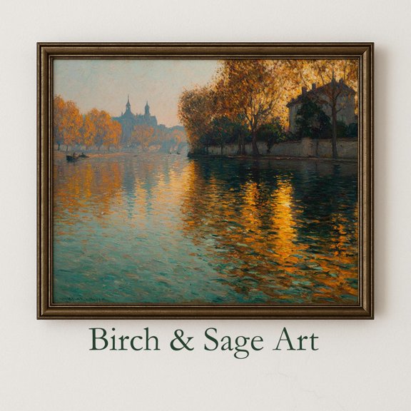 Seine at Sunset Rustic Fall River Scene, Warm Reflection Art, Print Poster Wall Decor, , 419, Size 24x36 UNFFRAMED F03.1.6l3146