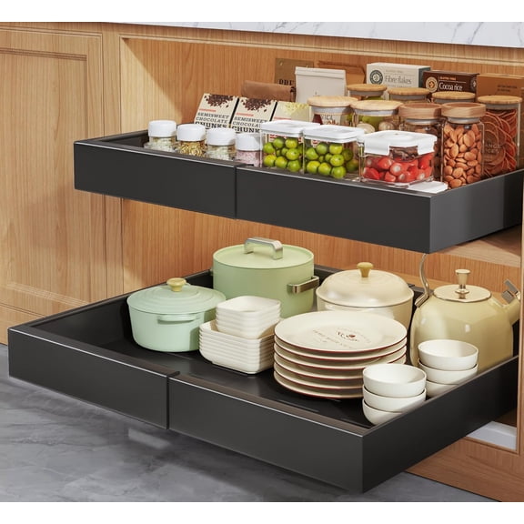 2 Pack Pull Out Cabinet Organizers 21"Deep with Raising Pad for Framed Cabinets,Expandable Slide Drawers Upgrade 3 Rails,Roll Shelves Adhesive,Adjustable Width 12"-20.45" Black