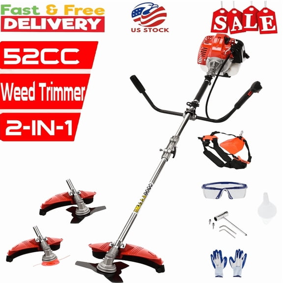 Seipouy 2 in 1 Gas Weed Wacker, 52cc 2-Cycle Gas Weed Eater, Grass Trimmer 8500rpm High Power Gas String Trimmer, Brush Cutter for Yard & Garden, Full Functioning Guard Accessories