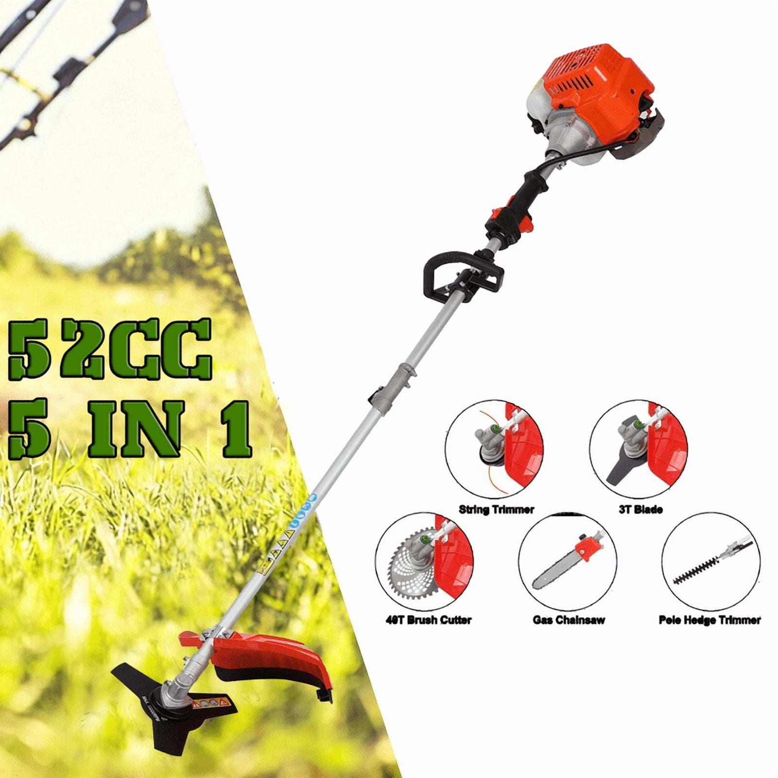Seipouy 2-Stroke Weed Eater, 52cc Gas Weed Wacker 5 in 1 Gas String Trimmer Multi Functional Garden Trimming Tools with Rubber Handle & Shoulder Strap Brush Cutter for Lawn, Garden and Yard