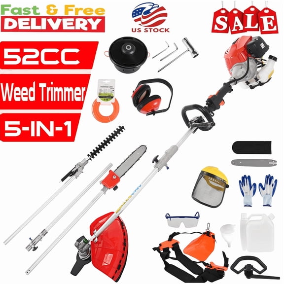 Seipouy 2025 New Gas Weed Wacker 52cc 2-Stroke 5 in 1 String Trimmer Gas Straight Shaft Hedge Trimmer, Grass Trimmer, Brush Cutter, Weed Wacker for Lawn & Garden