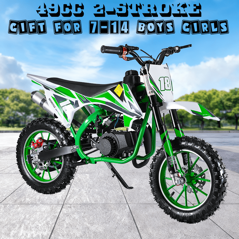 Seipouy 49CC 2-Stroke Kids Dirt Bike, Upgraded Gas Dirt Bike for Kids 8-14, Gas Power Motocross, Off Road Mini Motorcycle, Pocket Motorbike with Dual Disc Brakes, Summer Outdoor Adventure Toys