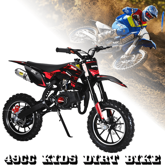 Seipouy 49cc 2-Stroke Kids Dirt Bike, Dirt Bike for Kids 8-14, Gas Power Pocket Rocket Bike with 10" Wheel & Front Rear Disc Brakes, Off Road Mini Motorcycle Max Speed 40KM/H