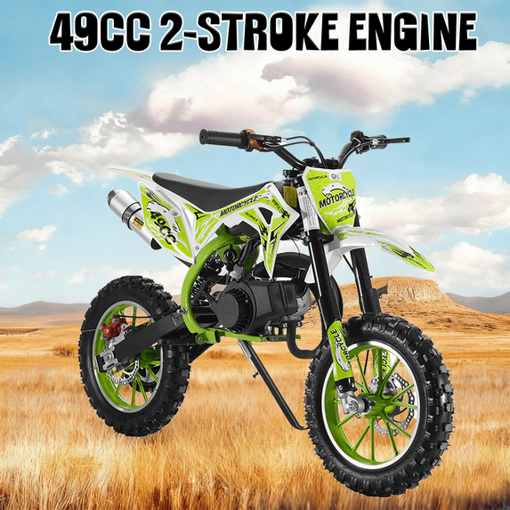 Seipouy 49cc Kids Dirt Bike, Gas Power 2-Stroke Dirt Bike, Motocross with Off-Road Tires Shock Absorption Springs Soft Seat Cushion Pocket Motorbike with Front Rear Disc Brakes for Uphill