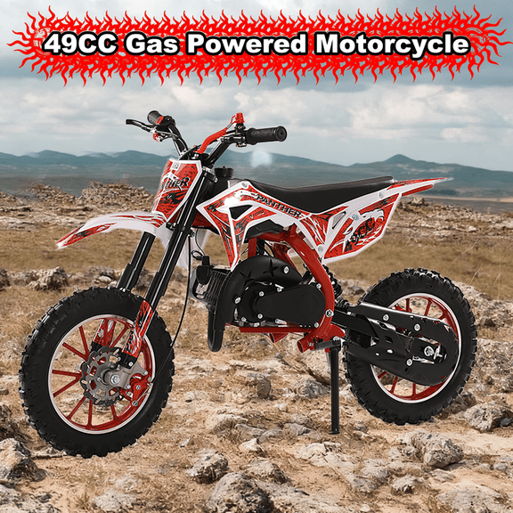 Seipouy Gas Dirt Bike Kids 49cc, Gas Dirt Bikes for Kids 6-12, 2-Stroke Gas Motorcycle with Front Rear Disc Brakes, Kids Motorcycle with Off-Road Tires, Shock Absorption Springs, Soft Seat Cushion