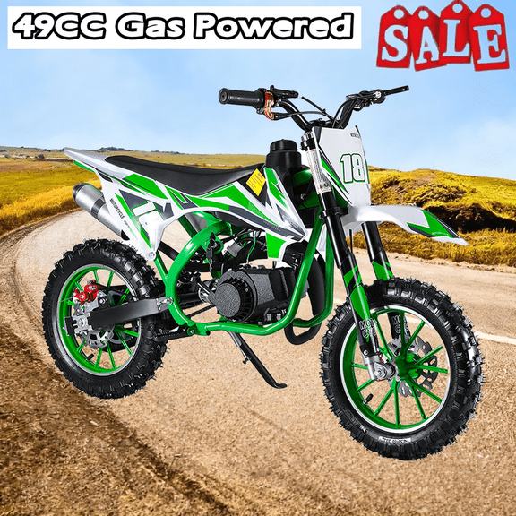 Seipouy Kids Dirt Bike, 49cc 2-Stroke Mini Bike Gas Powered Off Road Trail Bike with Strong Dual Front and Rear disc Brake, Speeds up to 25 MPH