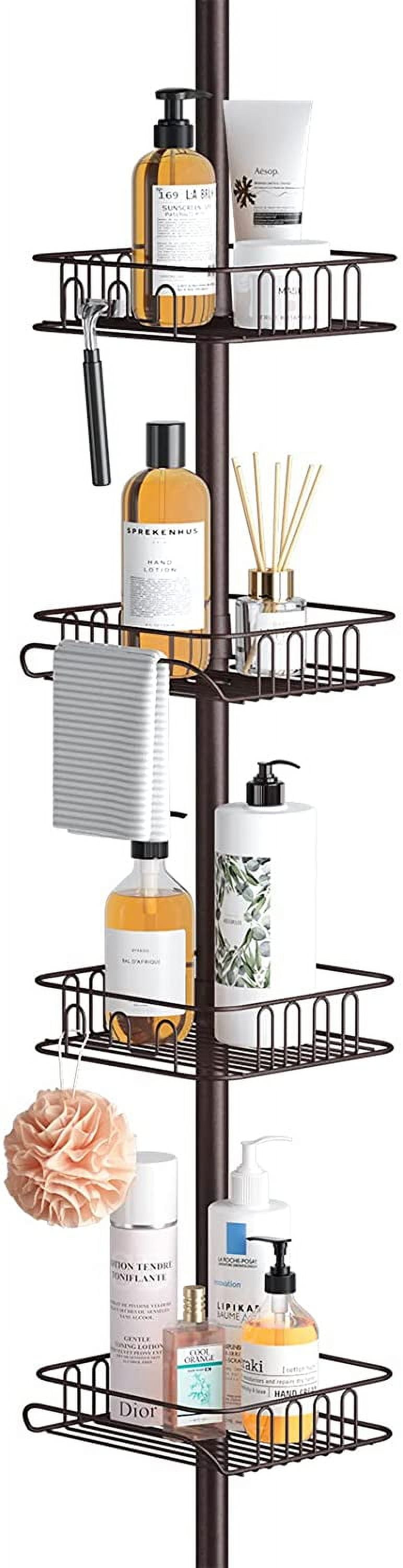 SEIRIONE Rustproof Shower Corner Caddy Organizer for Bathroom, Freestanding Tension Pole with 4 Baskets, for Bathtub Shampoo Storage, 56 to 114 inch