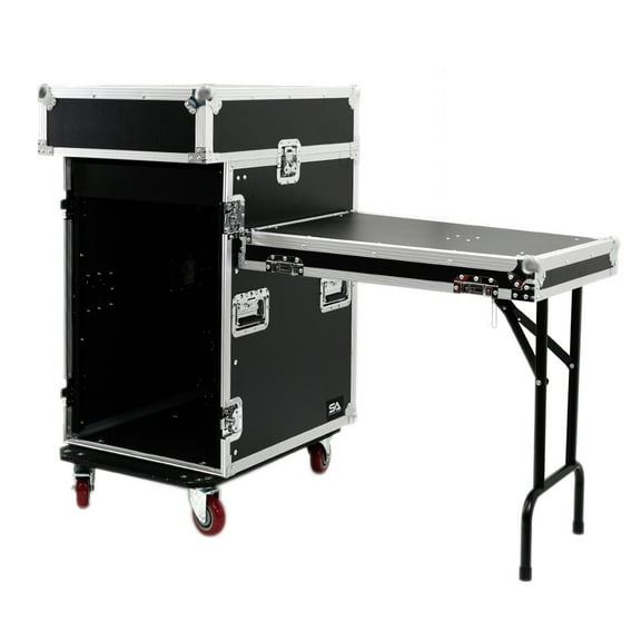 Seismic Audio - 14 Space Pro Audio DJ Road Rack Case with DJ Work Table & Casters - Pro Tour Grade