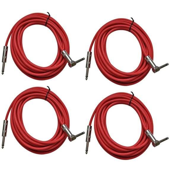 Seismic Audio 4 Pack of Red 20 Foot Right Angle to Straight Guitar Instrument Cables Red - SAGC20R-Red-4Pack
