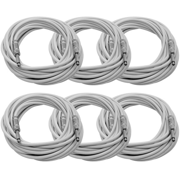 Seismic Audio 6 Pack of 25 Foot 1/4 Inch TS Patch Cables - Unbalanced White Pro Audio Cords - SASTSX-25White-6PK