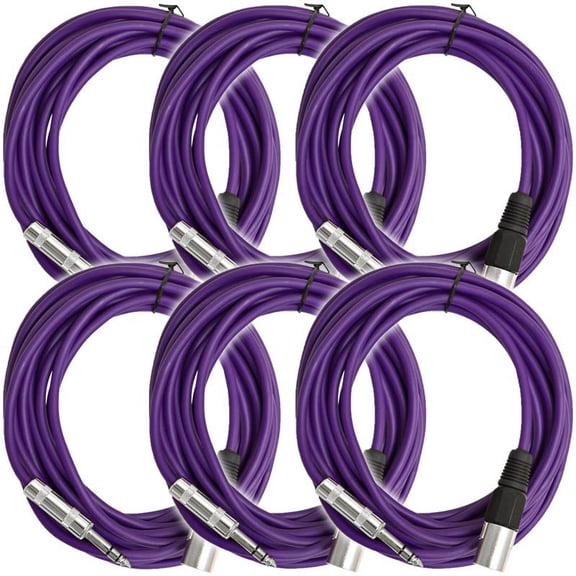 Seismic Audio - 6 Pk of Purple 25' XLR Male to 1/4" TRS Patch Cable Snake Cords Purple - SATRXL-M25Purple-6Pack