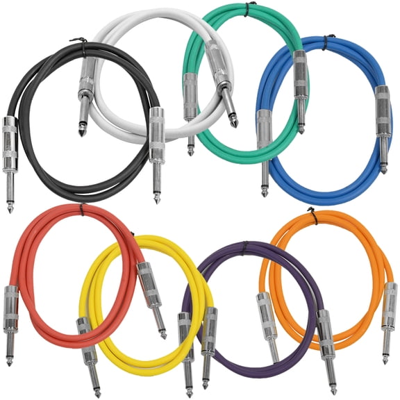 Seismic Audio 8 Pack of 2 Foot Multi-Color 1/4 Inch TS Patch Cables - Unbalanced PA/DJ Cords - SASTSX-2-Multi