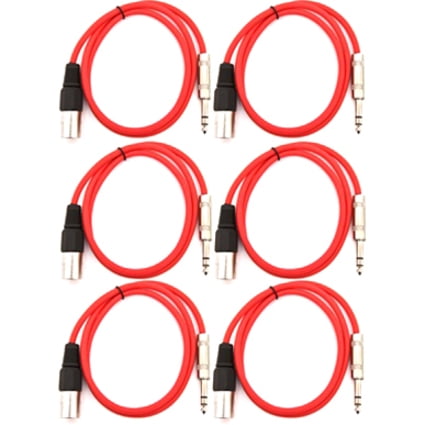 Seismic Audio SATRXL-M3, 6 Pack of Red 3' XLR Male to TRS Patch Cables