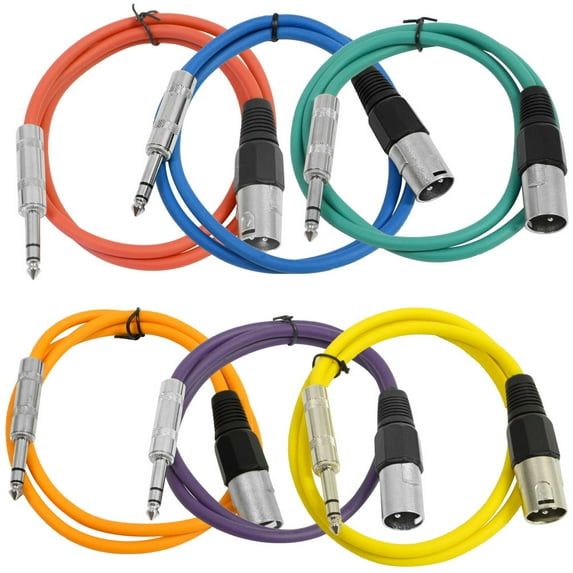 Seismic Audio SEISMIC 6 PACK Color 1/4" TRS  XLR Male 3' Patch Cables Multi-Colors - SATRXL-M3BGORYP