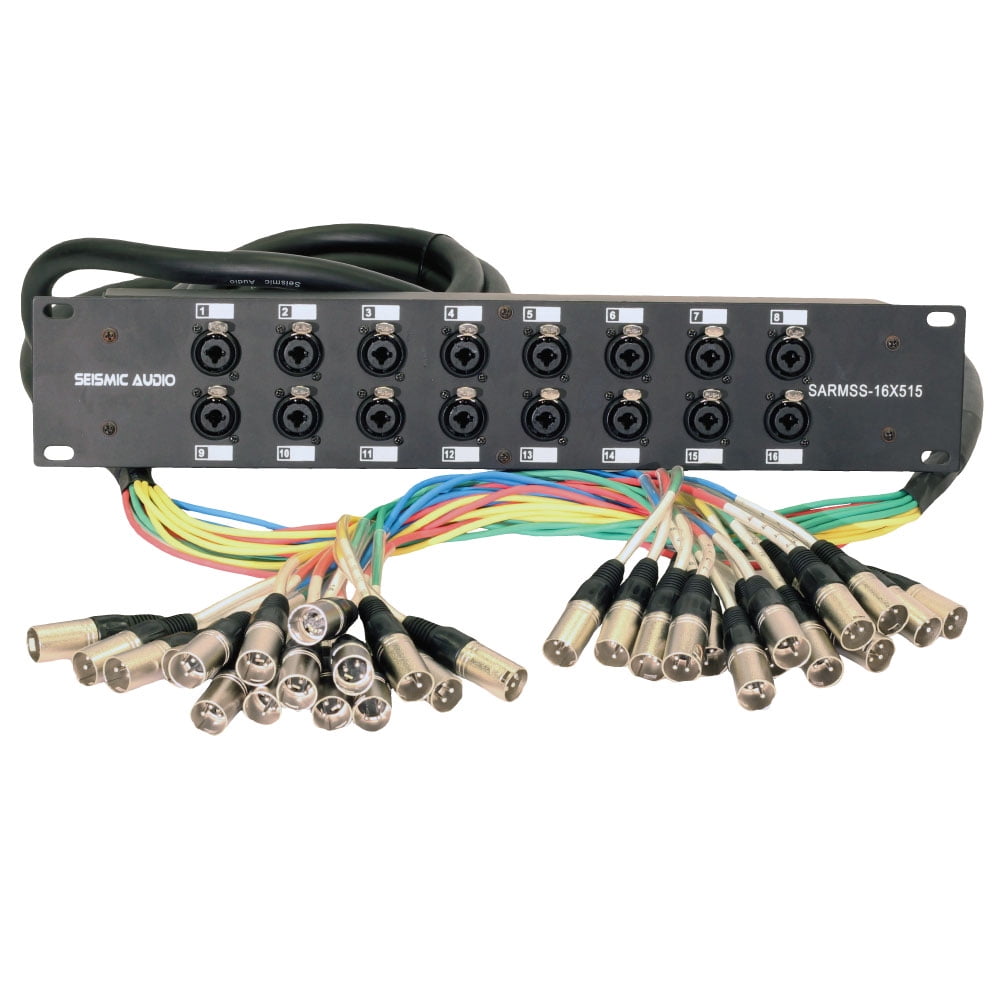 seismic audio rack mount 16 channel xlr trs combo splitter snake cable - 5' and 15' xlr trunks - sarmss-16x515