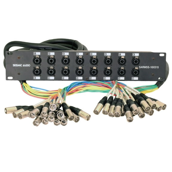 seismic audio rack mount 16 channel xlr trs combo splitter snake cable - 5' and 15' xlr trunks - sarmss-16x515