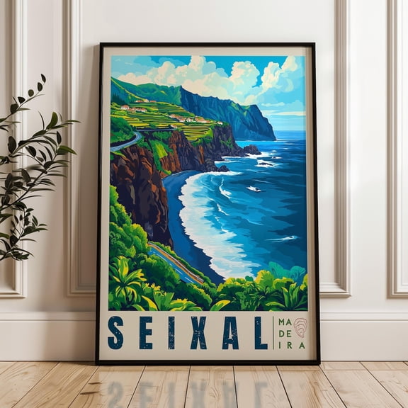 Seixal Madeira Travel Print, Black Sand Beach Art Print, Unframed Canvas 8x10in