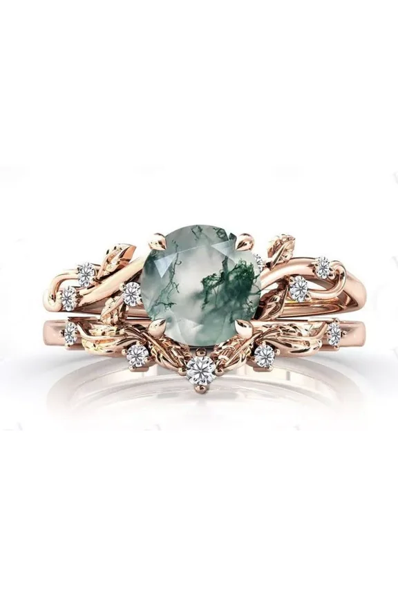 Seiyang Natural Moss Agate Ring 925 Sterling Silver Moss Agate Engagement Ring