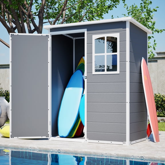Seizeen 5x3FT Outdoor Storage Shed with Floor, Plastic Garden Tool Shed w/Lockable Door & Window, Waterproof Wood Grain Patio Storage Versatile Design
