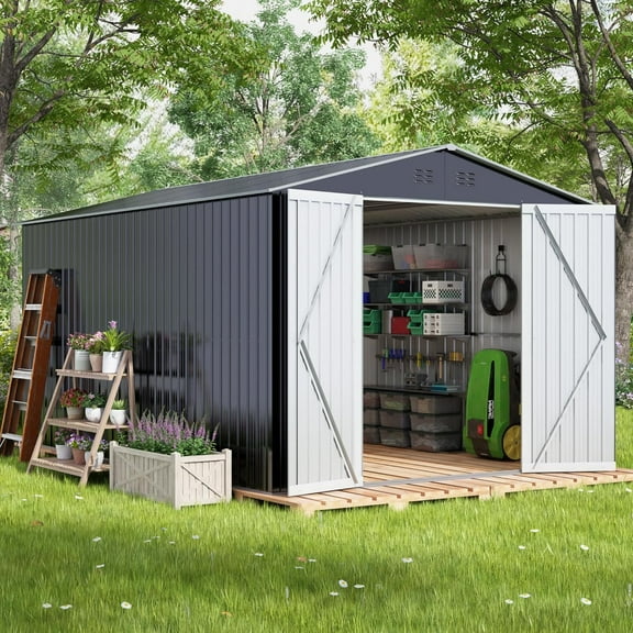 Seizeen 10' x 10' Outdoor Storage Shed, Heavy-Duty Galvanized Steel Shed Tool House, Peak Bike Shed for All-weather Outside, Double Lockable Doors, Backyard Patio Lawn Storage, Gray