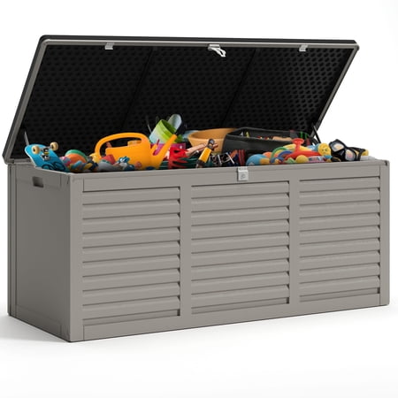Seizeen 130GAL Outdoor Storage Box for Patio & Garden, Large Resin Deck Box w/ 2 Handles & Metal Hydraulic, Gray