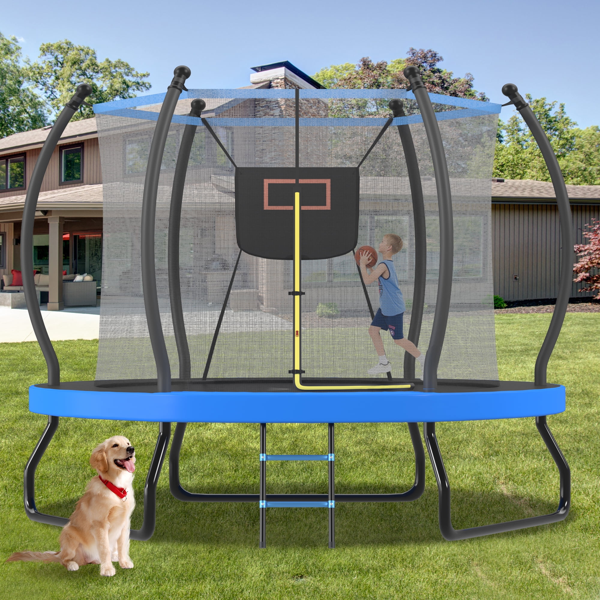 Seizeen 10FT Kids Trampoline with Enclosure, Outdoor Trampolines w/Basketball Hoop, High Steel Support, Lawn Garden Yard Trampolines w/Ladder