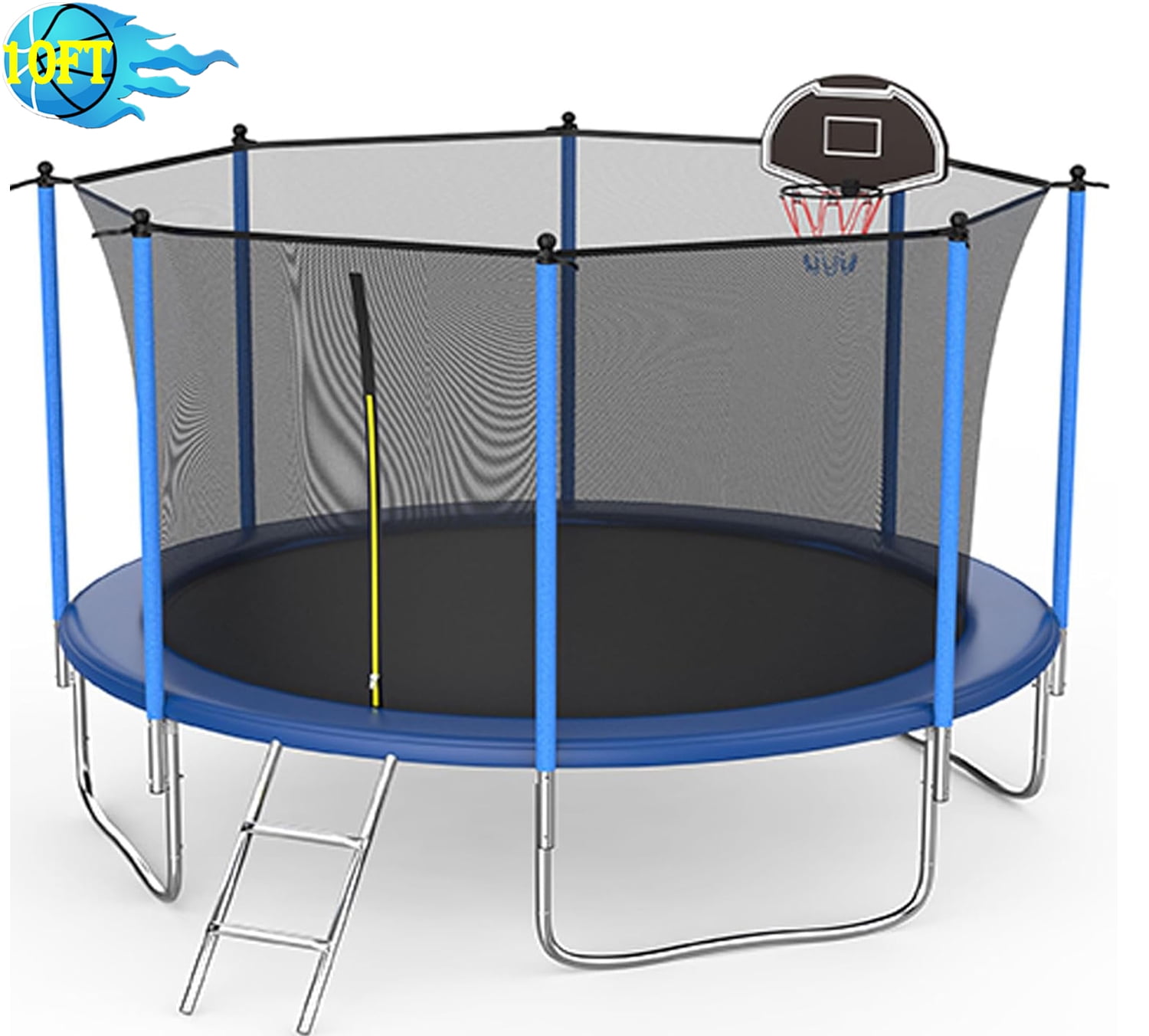 Seizeen Outdoor Trampoline for Kids, 12FT Round Trampoline W/ Enclosure, Colorful Trampoline with Basketball Hoop, Ladder