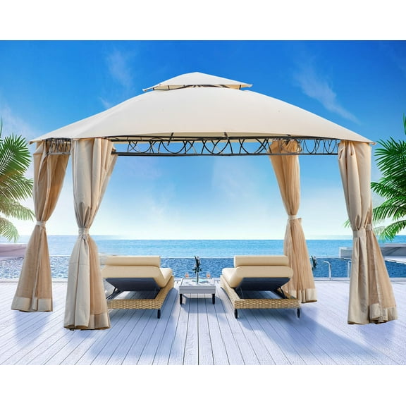 Seizeen 12 x 11ft Outdoor Gazebo W/Netting, Patio Easy-to-Install Gazebo Canopy Tent With Corner Curtain, Suitable For Backyard, Party, BBQ, Beige