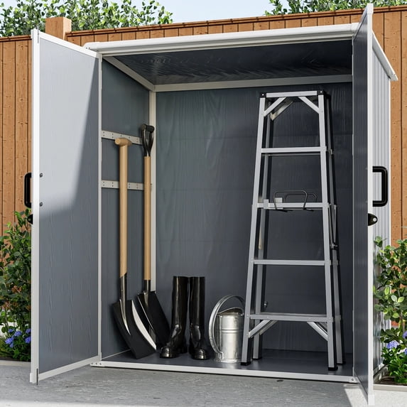 Resin Storage Shed with Floor, Seizeen 5 x 3FT Plastic Outdoor Storage Double Door Design, Waterproof Resin Cabinet with Sloped Top for Garden Tool Patio Poolside Yard Storage