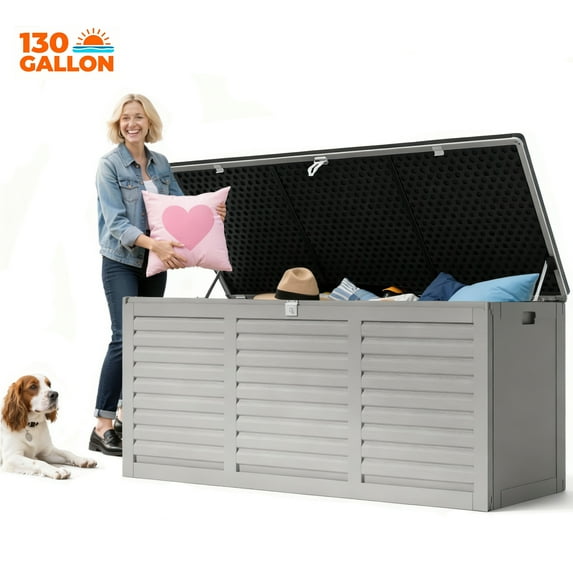 Seizeen Resin Deck Box, 130 Gal Outdoor Storage Box, Waterproof Large Patio Lockable Deck Box for Outside Cushions, Pool Accessories, Throw Pillows, Garden Tools, Gray