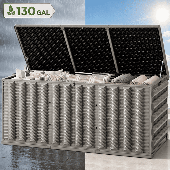 Seizeen 130Gal Deck Box Waterproof, Resin Outdoor Storage Box with Reinforced Frame, Patio Storage Box for Pool Accessories, Toy Storage, Cushions, Storage Bench Up to 600lbs