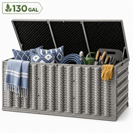 Seizeen 130Gal Deck Box Waterproof, Resin Outdoor Storage Box with Reinforced Frame, Patio Storage Box for Pool Accessories, Toy Cushions Storage Bench on Wheels Up to 600lb, Diamond Pattern