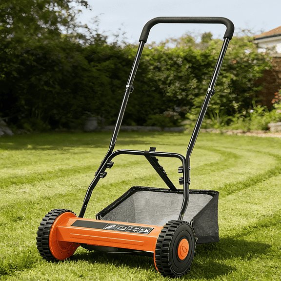 Reel Mower, 14Inch Push Lawn Mower with 5-Blades, Walk-Behind Reel Lawn Mower with 8gal Grass Catcher, Manual Lawn Mower with Bag, 0.6’’-1.8’’ Height Adjustable, Blue