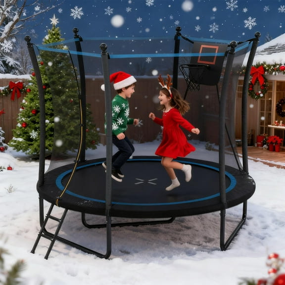 8FT Outdoor Trampoline with Enclosure Net, Outdoor Trampoline for Kids and Toddlers, All-Weather Trampoline with Hoop, Ladder, 3-W Heavy-Duty Stand for Backyard Play